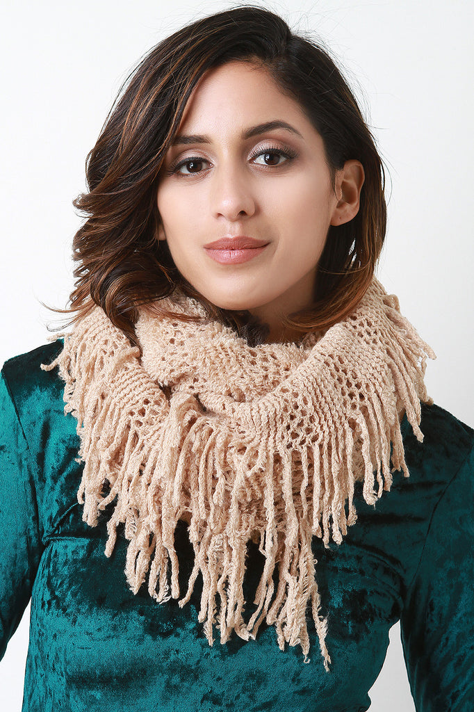 Fuzzy Stripe Knit Fringe Circle Scarf