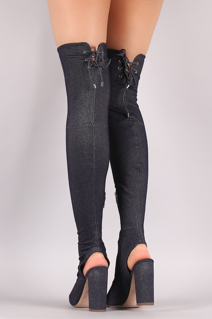 Delicious Back Lace Fitted Denim Peep Toe OTK Boots