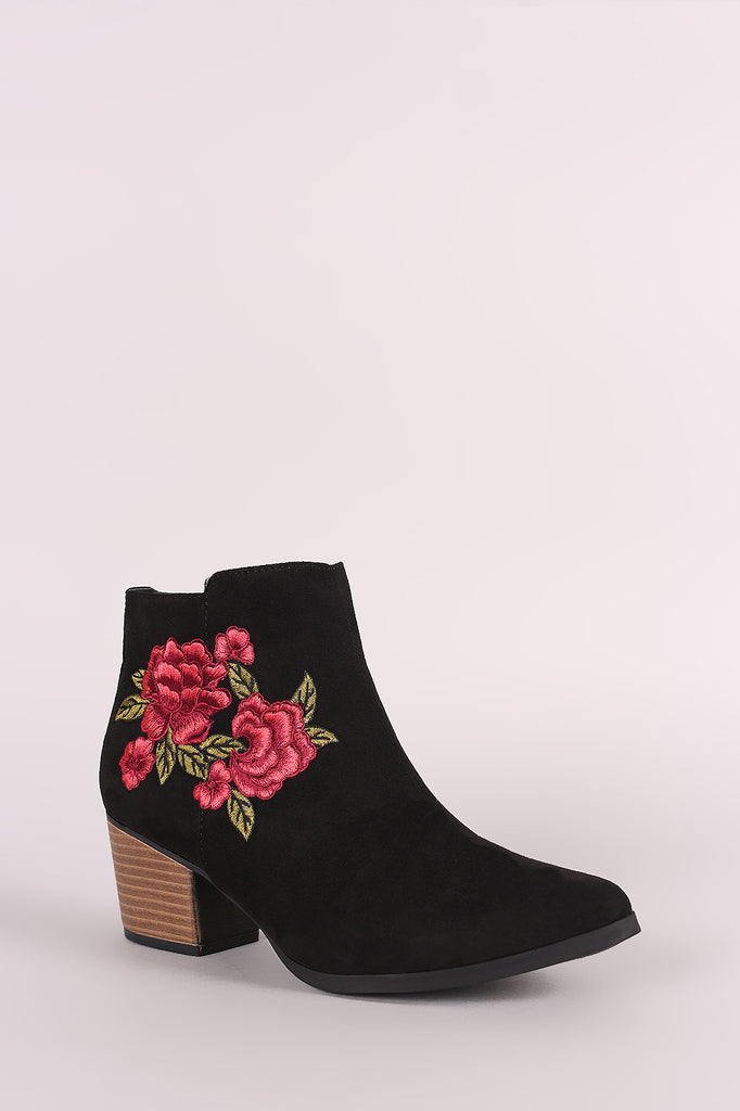 Qupid Suede Embroidery Floral Chunky Heeled Booties