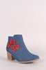 Qupid Denim Embroidery Floral Chunky Heeled Booties