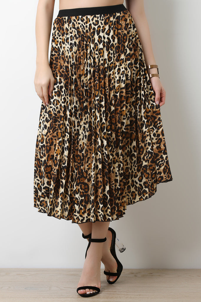 Leopard High Waisted Pleated Midi Skirt