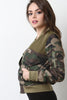 Camouflage Print Zipped Up Colorblock Bomber Jacket