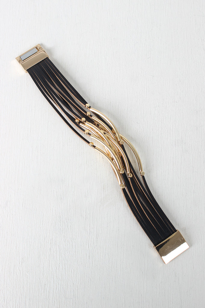 Beaded Curved Bars Vegan Leather Bracelet