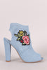 Delicious Denim Floral Patch Peep Toe Chunky Heeled Booties