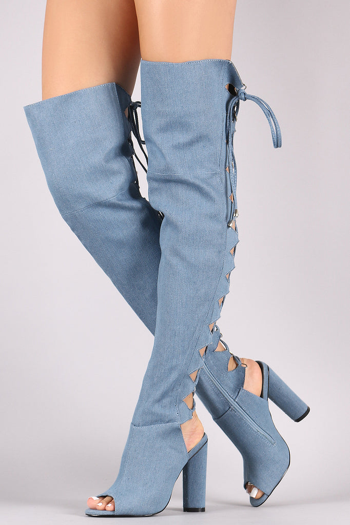 Women's Denim Hollow Out Open Toe Chunky Heels Sandals Shoes Platform Zip  Jean | eBay