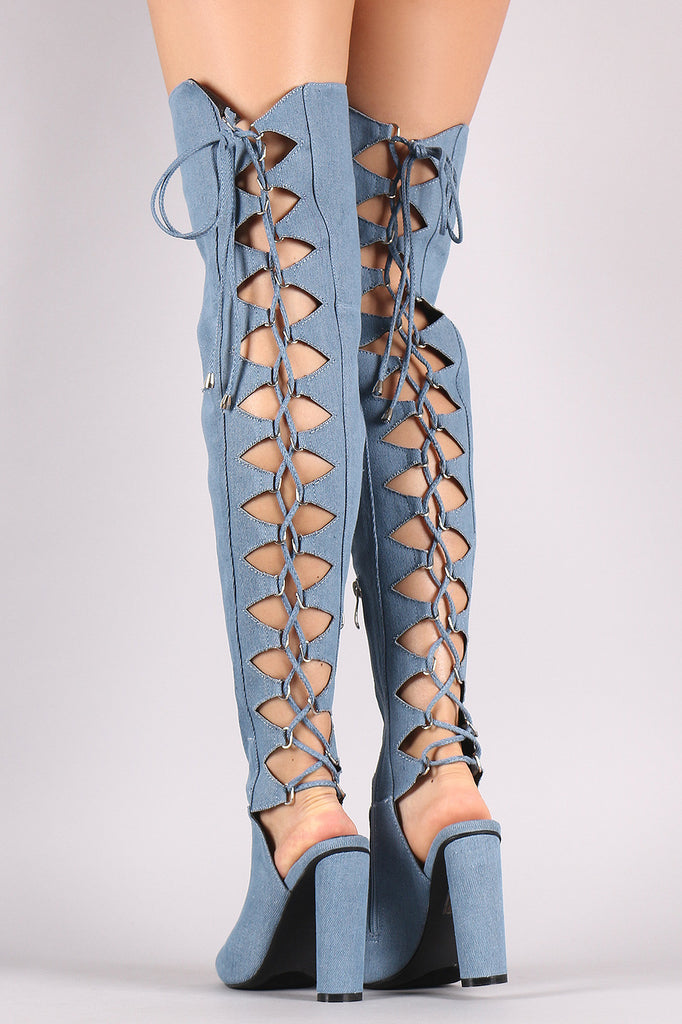 Denim Back Lace Up Chunky Heeled Over-The-Knee Boots – Fleek Girls