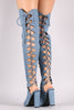 Denim Back Lace Up Chunky Heeled Over-The-Knee Boots